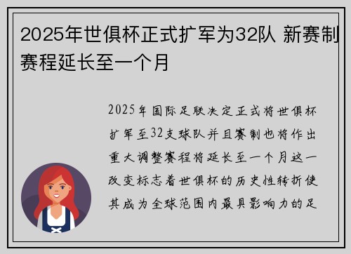 2025年世俱杯正式扩军为32队 新赛制赛程延长至一个月