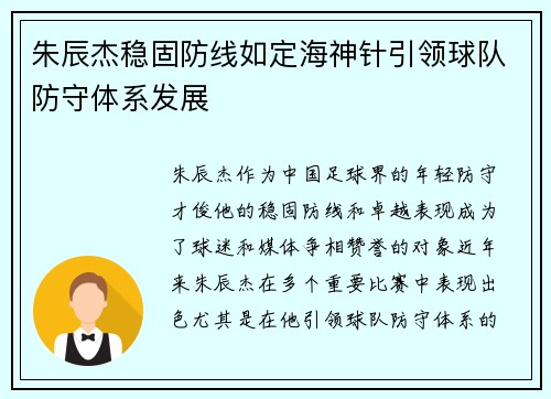 朱辰杰稳固防线如定海神针引领球队防守体系发展
